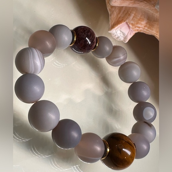 AGATE BANDED + TIGERS EYE + SUPER SEVEN  STONES BRACELET Size 7” - Picture 4 of 12